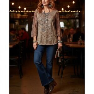 Coldwater Creek Womens Large Tan Floral Sequin Embroidered Boho 3/4 Sleeve Top